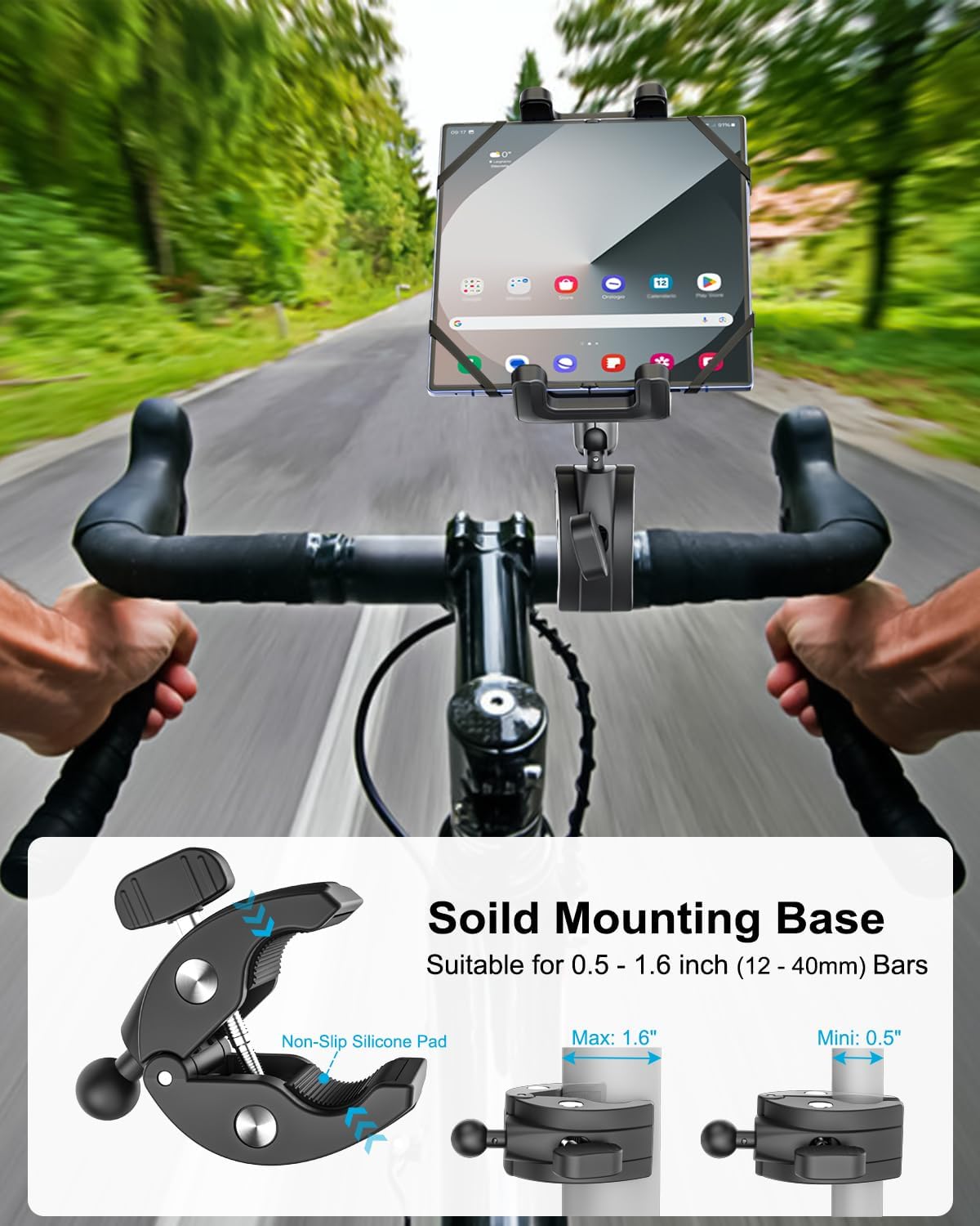 Motorcycle Mount for Z Fold, Sturdy Metal Arm Bike Tablet Holder, [Security Silicone Strap] Bicycle Handlebar Clamp for Z Fold 7 6 5 4 3 2, Galaxy S A, Tab, 4"-13" Device