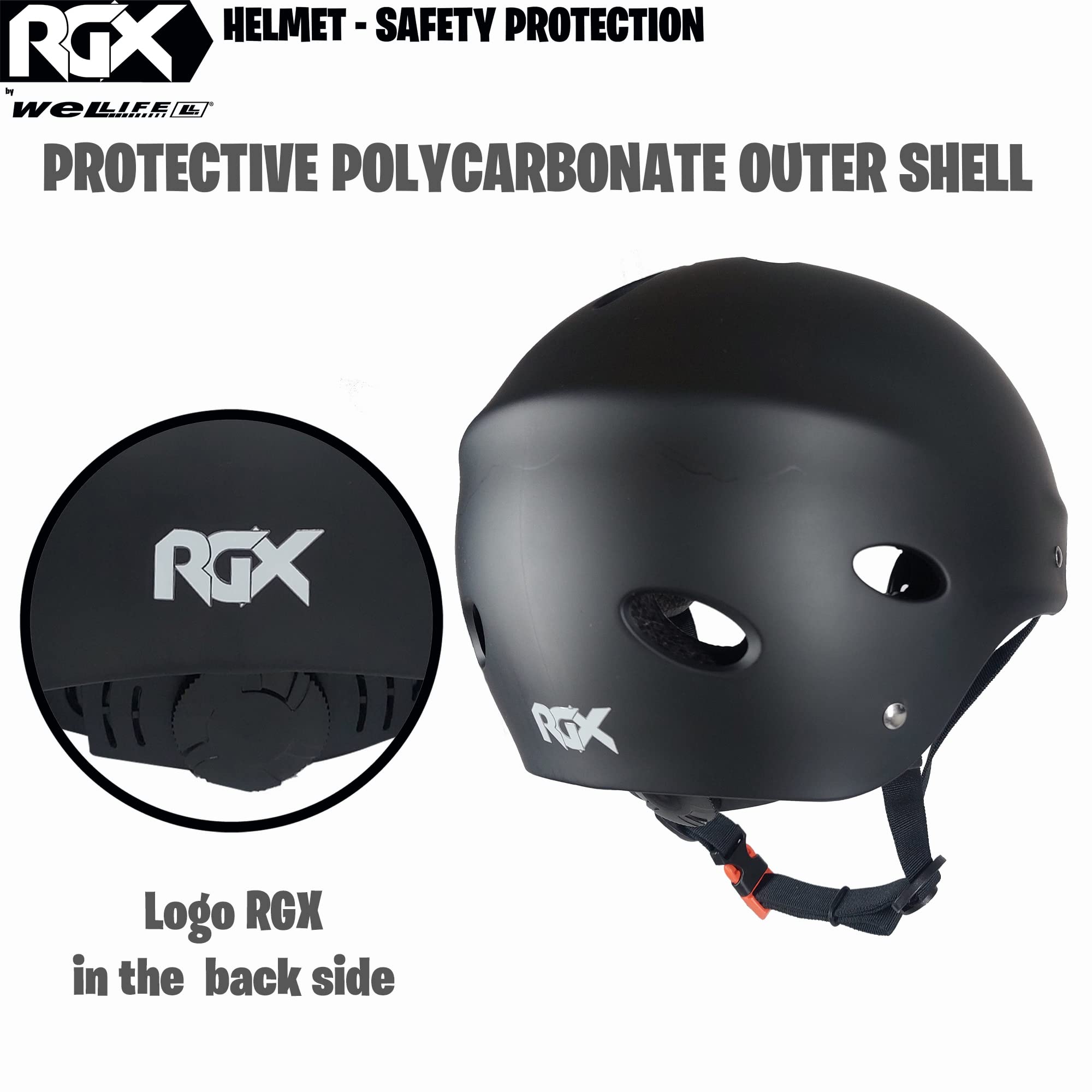 WeLLIFE Casco Regolabile per Bambini e Ragazzi - Protezione Elmetto Nero RGX adatto per Skateboard, Bici, Pattini Sicurezza Ideale Multi-Sport Leggero e Sicuro