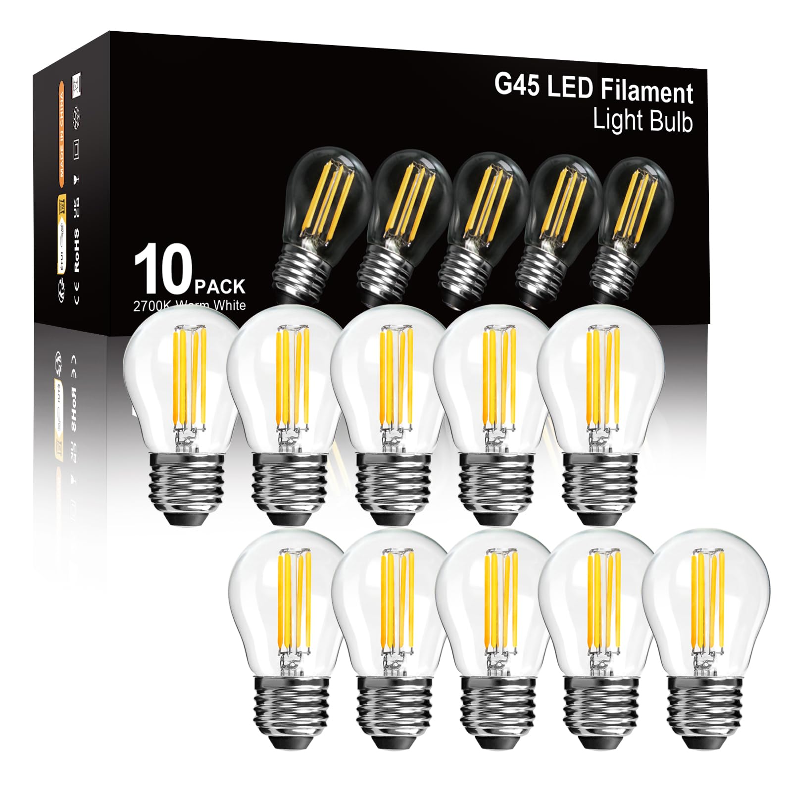 BRIMAX 10 Stück Dimmbare E27 LED Glühbirnen, Warmweiss 2700K, 6W (ersetzt 60 Watt), 600LM AC230V G45 Mini Filament Fadenlampe für Tischlampen, Wandlampen, Stehlampen