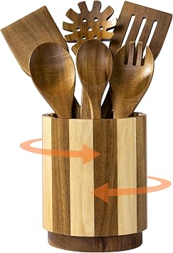 Wooden Utensil Holder, 360  Rotating Acacia Wood Kitchen Utensil Holder for Countertop, 7.2" Non-Slip Large Utensil Holder for Kitchen, Farmhouse Countertop Decor, Spatula Holders, Stripes