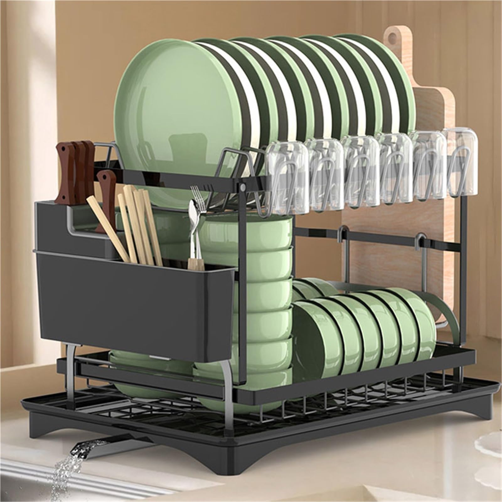 MESCXTY 2-Tier Dish Drying Rack with Drainboard - Kitchen Counter Drainers, Space-Saving White & Black Organizer for Efficient and Styli(Black)