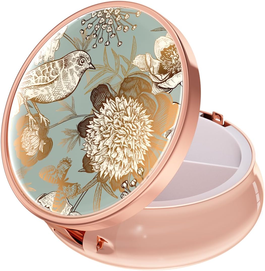 Rouidr Pill Box, 3 Compartment Medicine Pill Case, Small Metal Travel Medicine Box for Purse & Pocket, Rose Gold, Blooming Flowers