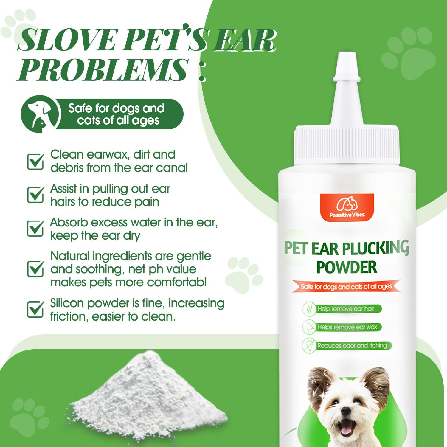 Pawsitive Vibes Zestaw do czyszczenia uszu dla psa, proszek do usuwania sierści 30 g, hemostat i obcinacz do strzyżenia psów do pielęgnacji, leczenia infekcji ucha psa, usuwania woskowiny i zapachu