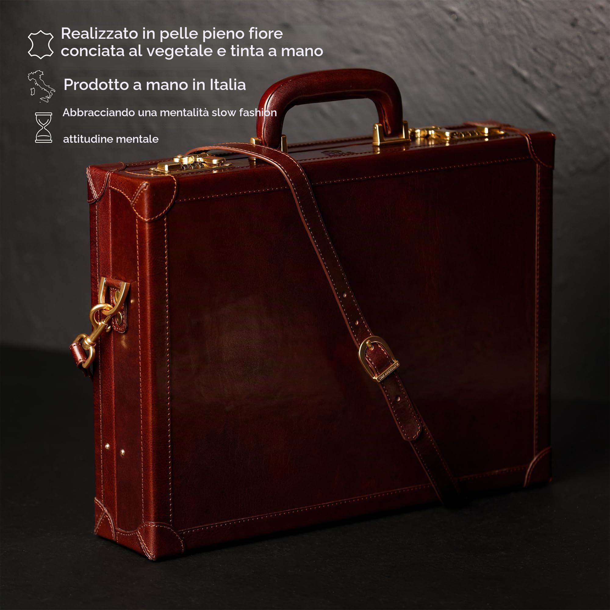 Valigetta in pelle resistente al tempo - Valigetta in pelle italiana pieno fiore - Borsa per laptop fino a 15" - Tracolla rimovibile