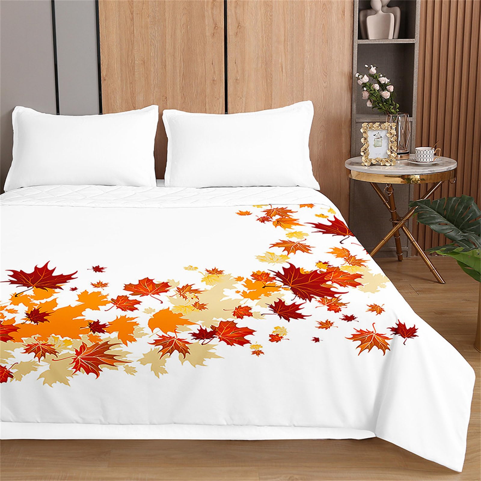 Highdi Colcha, Colcha para Primavera y Verano Hojas de Arce de Otoño Estampada - Ligera y Suave Microfibra Cubre Cama Fina, Colchas Cama Individuales y Dobles Modernas (130x150cm,Blanco)