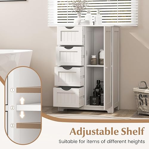 Miniatura 6 de Giantex Armario de piso de baño de madera con 1 puerta y 4 cajones armario de madera independiente para entrada armario espacial color blanco