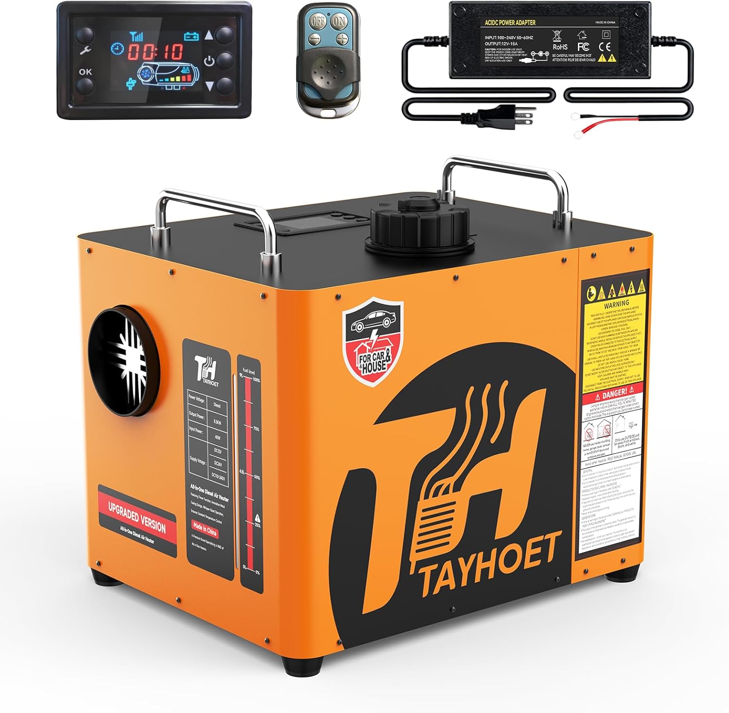 9L Diesel Heater, 12V/24V/110V 8KW Portable Diesel Heaters with LCD Switch, Remote Control for Camping, RV, Garage, Car, Tent, Boat Heater, Orange