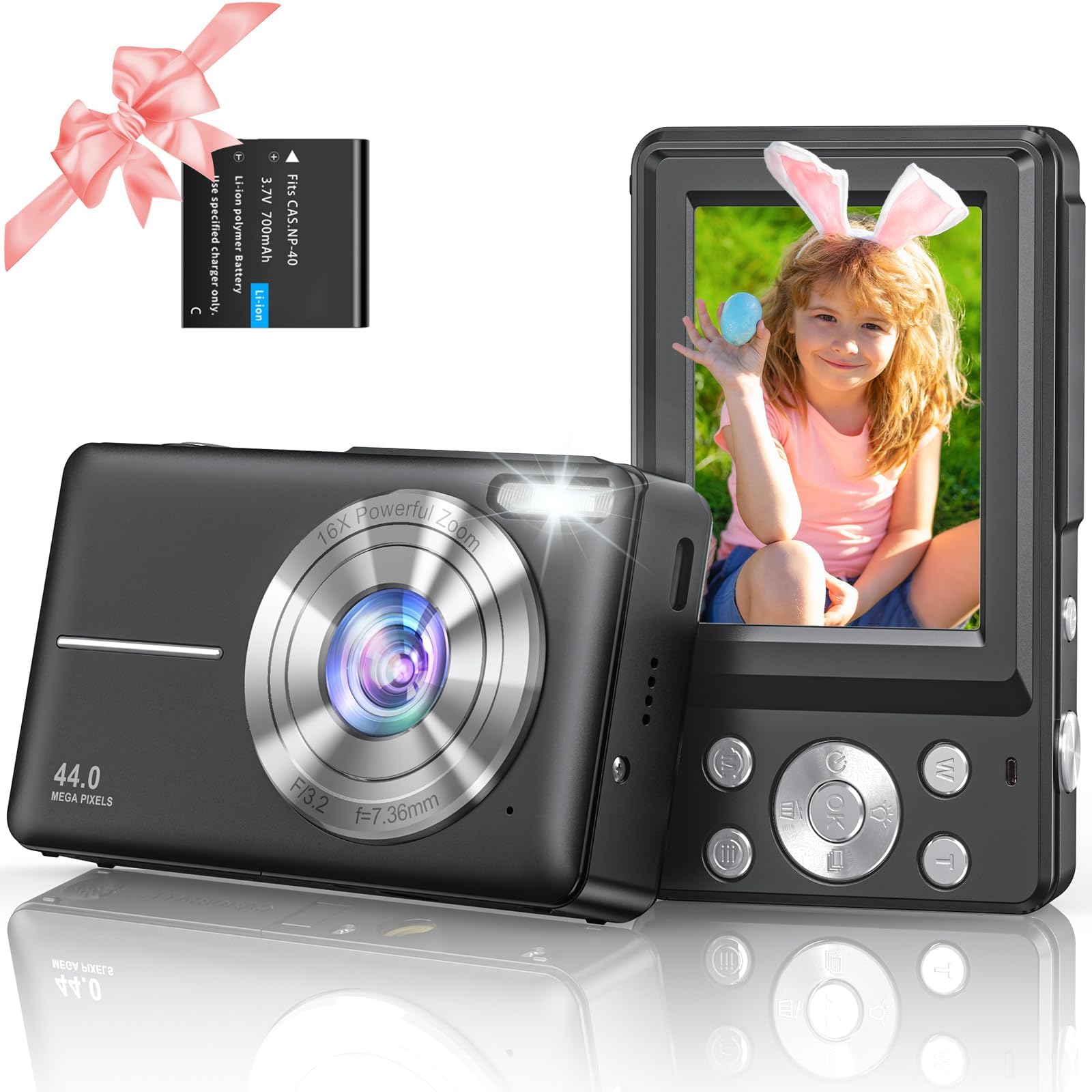 Digital Camera 1080P FHD 44MP with 2.4" LCD Display, Anti Shake, 16X Digital Zoom Compact Vlogging Camera for Children, Teenagers(no card)