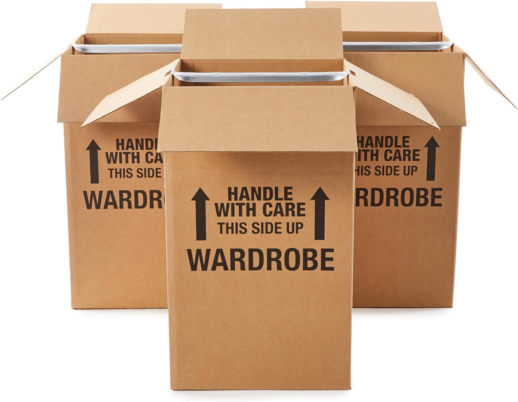 Amazon Basics Sturdy Wardrobe Moving Boxes with Hanger Bar for Packing Clothes, Easy to Assemble, With Handles, 20" x 20" x 34", Brown, 3-Pack