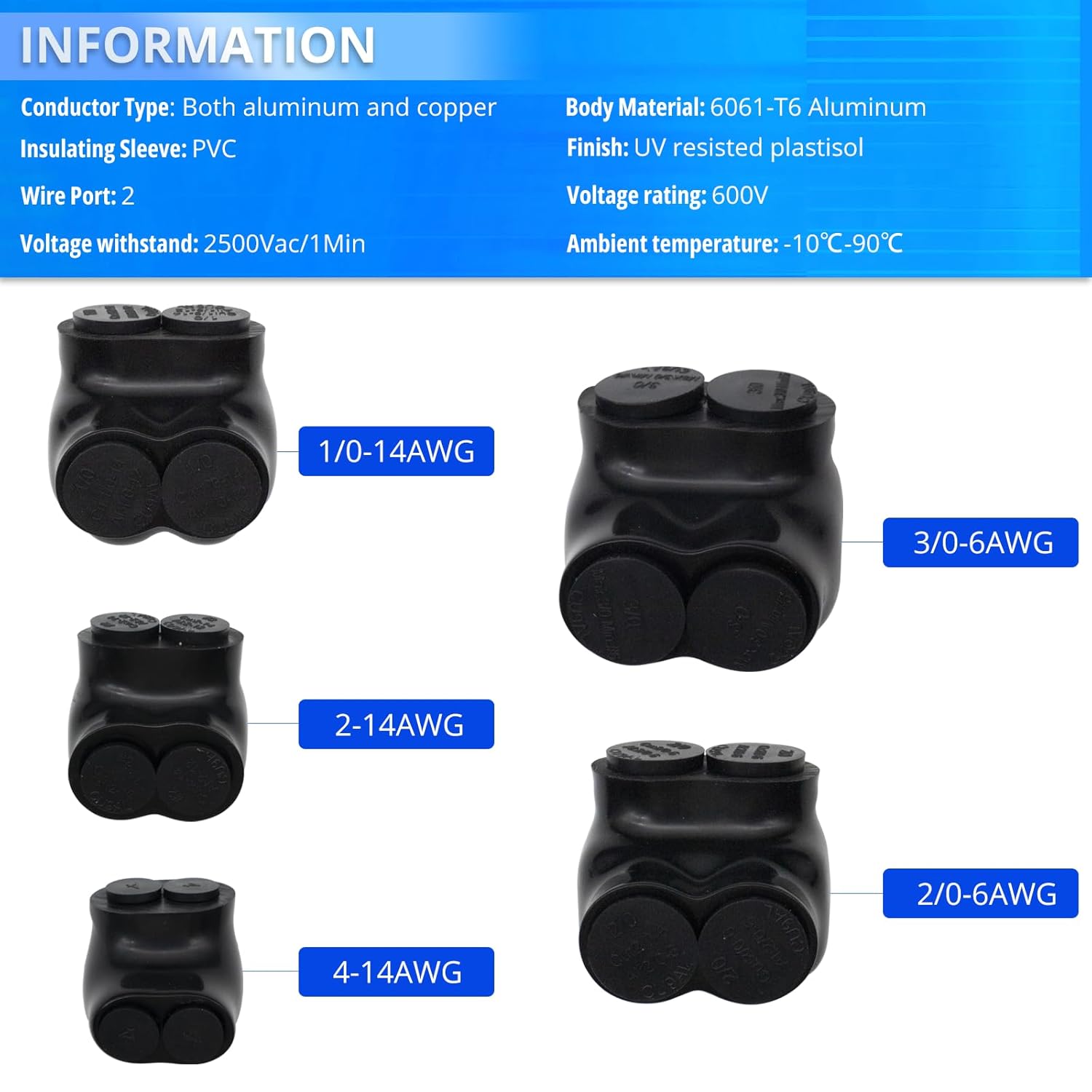 Insulated Splice Connector， Insulated Multi Cable Connectors 2 Port， Black Pre Filled Interconnect Terminals for Rigorous Electrical and Marine Wiring （3/0-6AWG，4Pack）