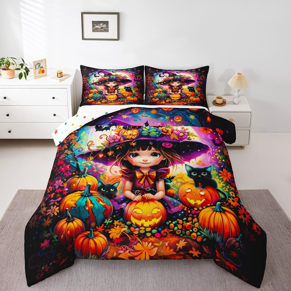 Parure de lit Halloween violette et orange avec 2 taies d'oreiller pour chambre fille