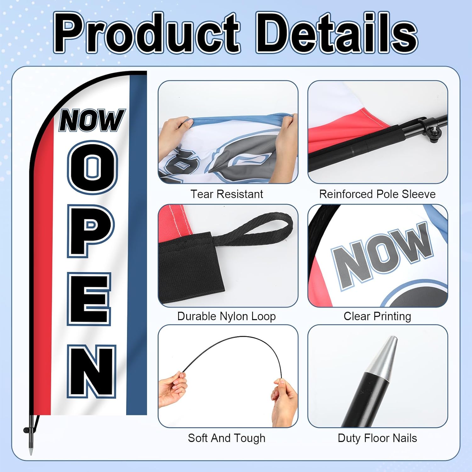 2 Sets Open Feather Flag for Businesses Now Open Themed Swooper Banner Sign with Carbon Fiber Pole and Advanced Ground Stake Portable Bag Advertising Flag Banner for Business Advertising Outside - Image 3