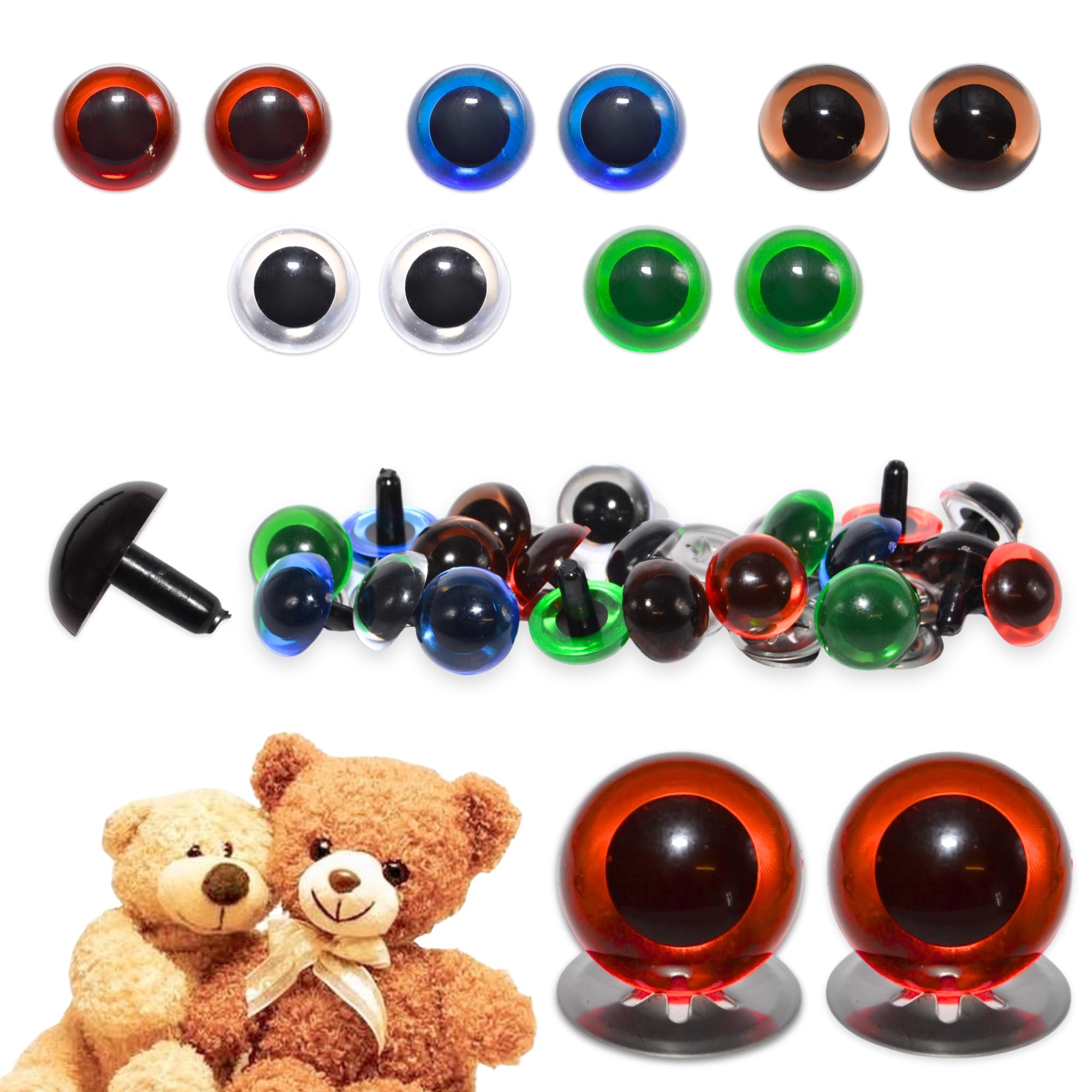 celloexpress 15mm Transparent Mixed Crystal Eyes with Metal Backs - Safety Eyes for Soft Toy Teddy Bear Animal Making (Pack of 5 Pairs)