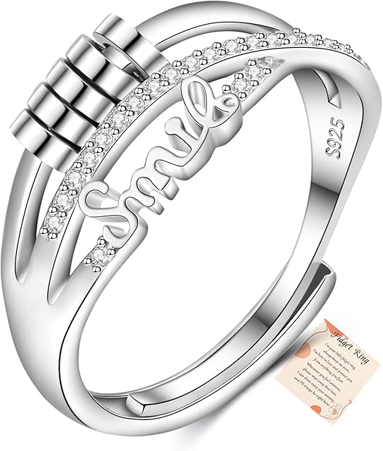 PABBEU Sterling Silver Anxiety Rings for Women Adjustable Smile Fidget Ring Cubic Zircon Spinner Anxiety Ring with Beads Stress Fidget Rings for Anxiety Women Girls Men Daughter Gift