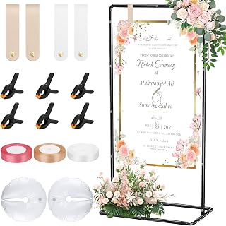 Wedding Welcome Sign Stand, Adjustable Welcome to our Wedding Sign Holder with Leather Sign Hanging Straps, Black Easel Stand for Wedding Reception Entrance Welcome Sign Poster Seating Chart Board Display