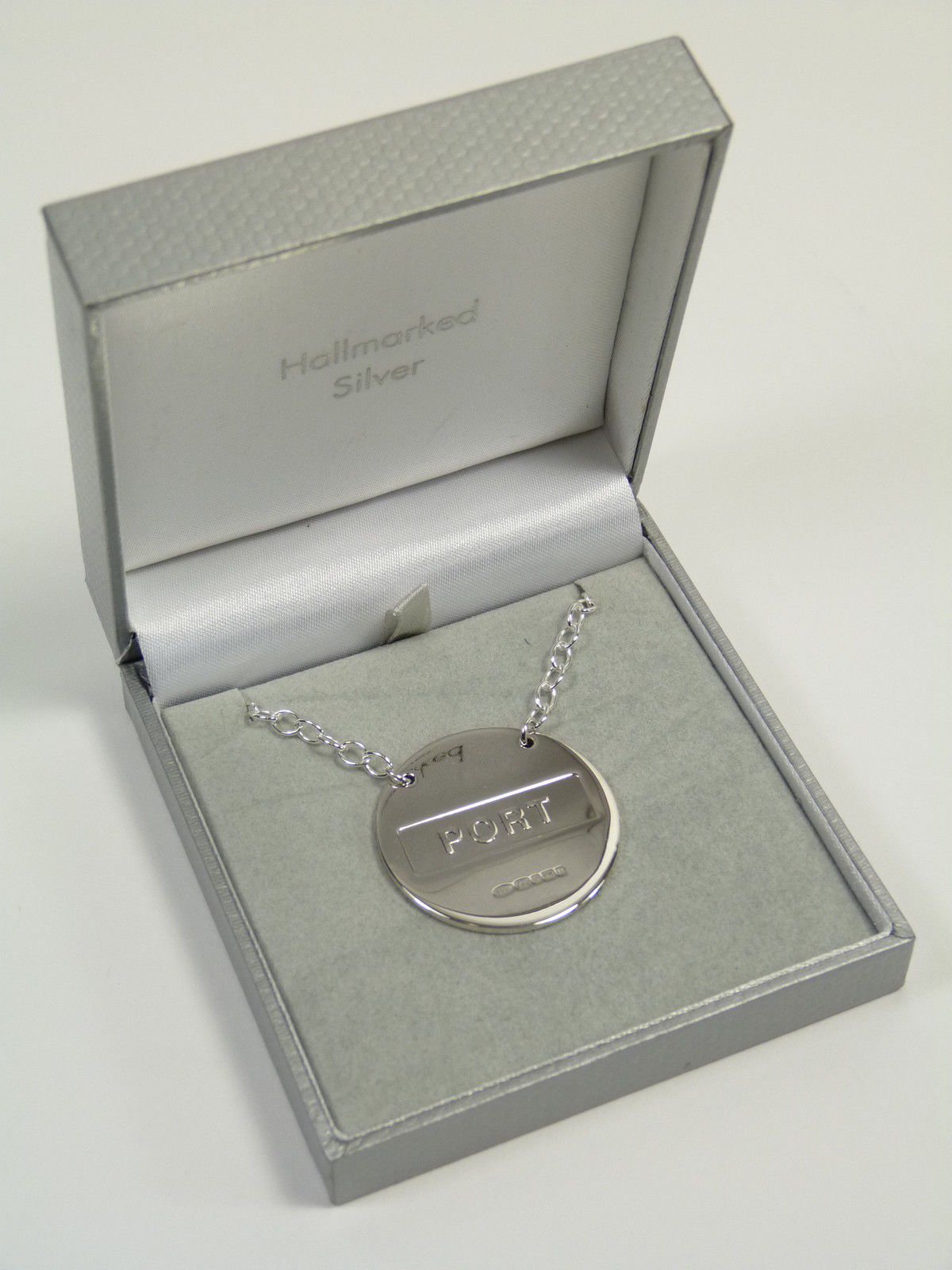 Décorateur rond en argent sterling avec étiquette à vin – PORT – Boîte