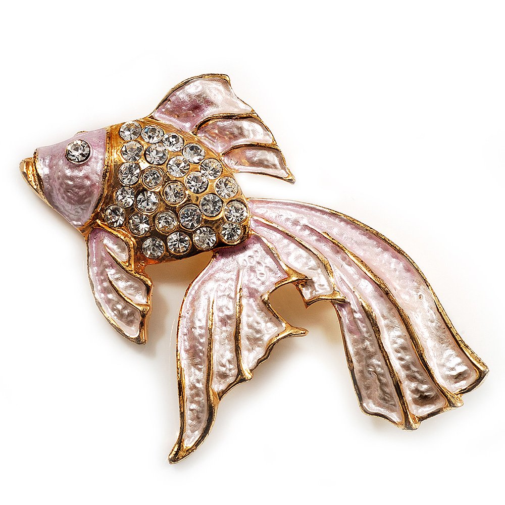 Bella spilla vintage a forma di pesce con strass trasparenti bianchi e verdi - Italia