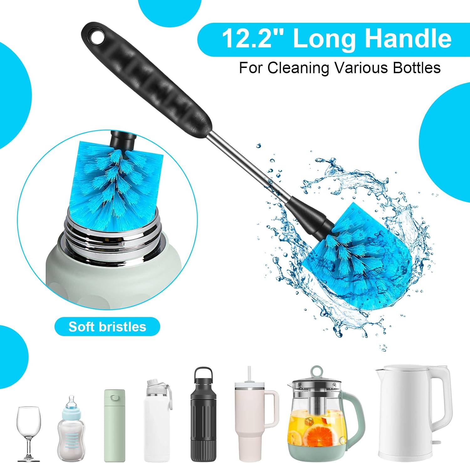 Bottle Brush Set of 3, 12.2" Stainless Steel Long Handle Bottle Cleaning Brushes for Water Bottles, Baby Bottles, Coffee Cups, Flasks, Cup Lid Cleaning Brush