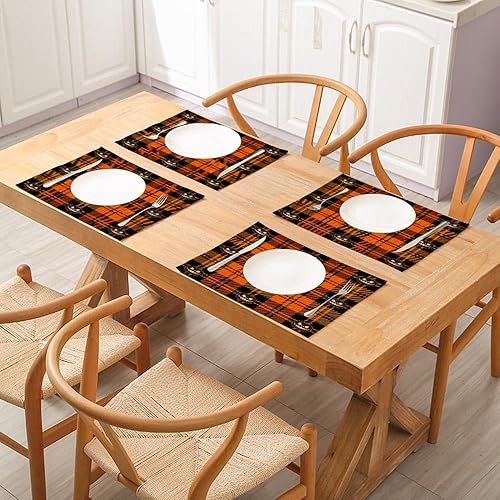 Miniatura 5 de Manteles individuales de Halloween a cuadros de búfalo de Halloween, cuadros negros y naranjas, manteles individuales escoceses a cuadros de 18 x 12
