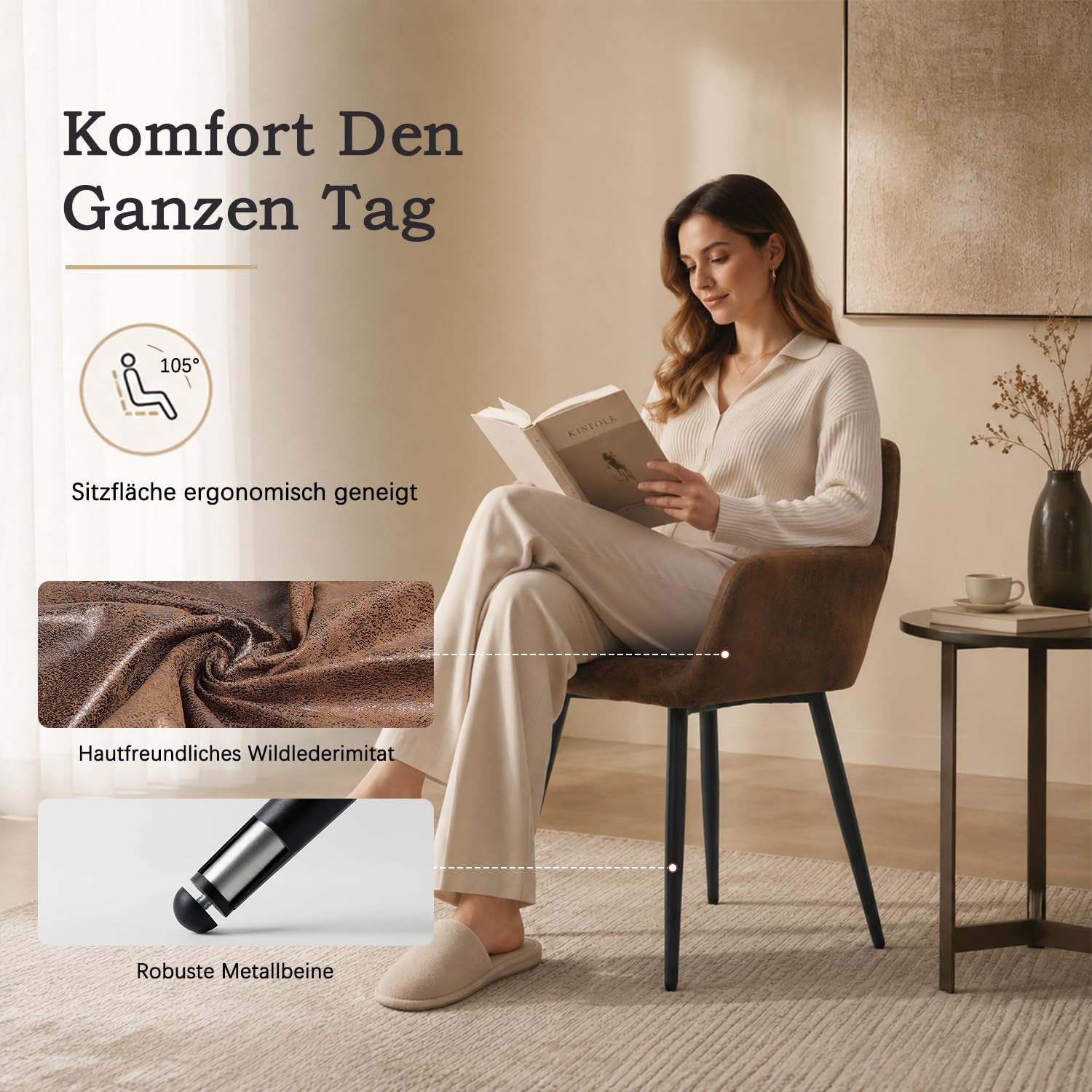MEUBLE COSY Esszimmerstühle 2er Set Küchenstuhl Polsterstuhl mit Armlehne Sessel Wildledersitz Wohnzimmerstuhl Metallbeine, Braun Vintage, 56x56x78cm