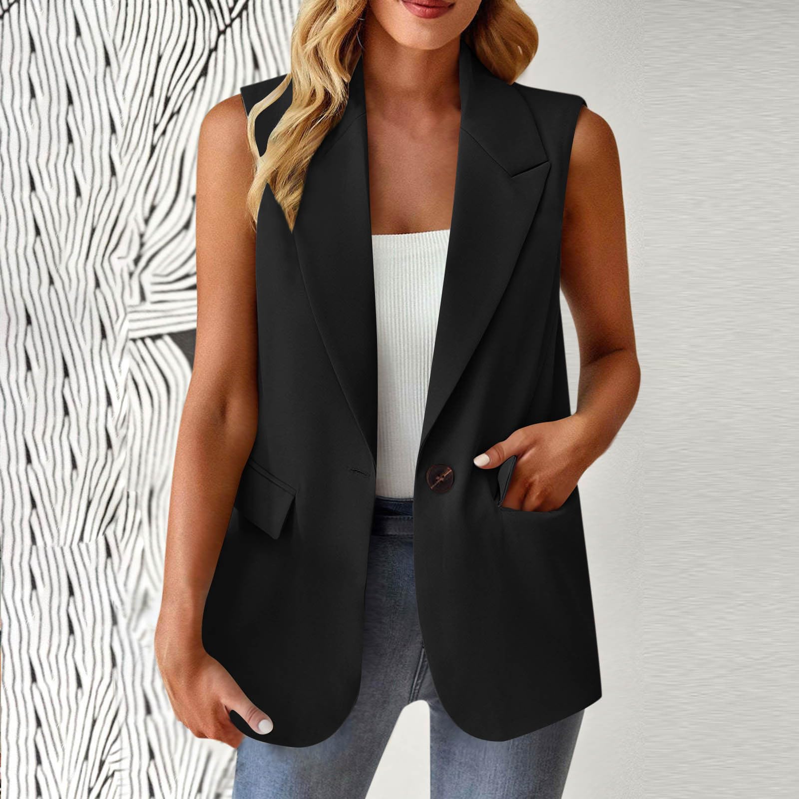 Gilet sans manches décontracté pour femme avec revers à un bouton, gilet habillé avec poche, coupe ample, sans manches, élégant pour le travail et le bureau