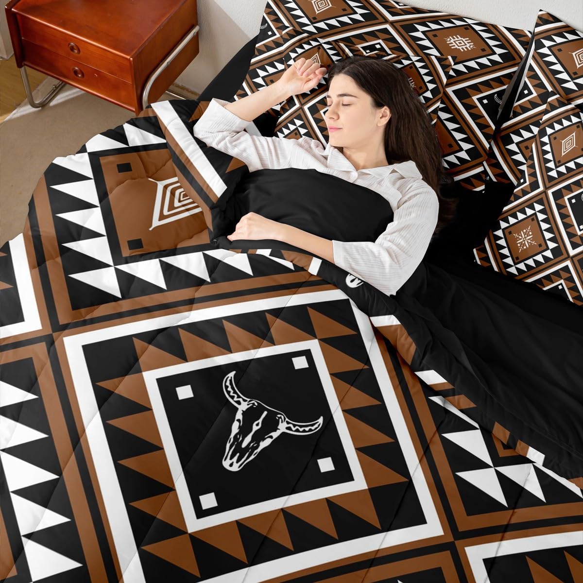 Erosebridal Rustic Western 7 Pcs Comforter Set Queen for Men,Southwestern Aztec Bedding Bohemian Quilt Ethnic Horns Bull Skull Farmhouse Bedroom Decor Brown Geometric Diamond Sheet Set Bed in A Bag - Image 6