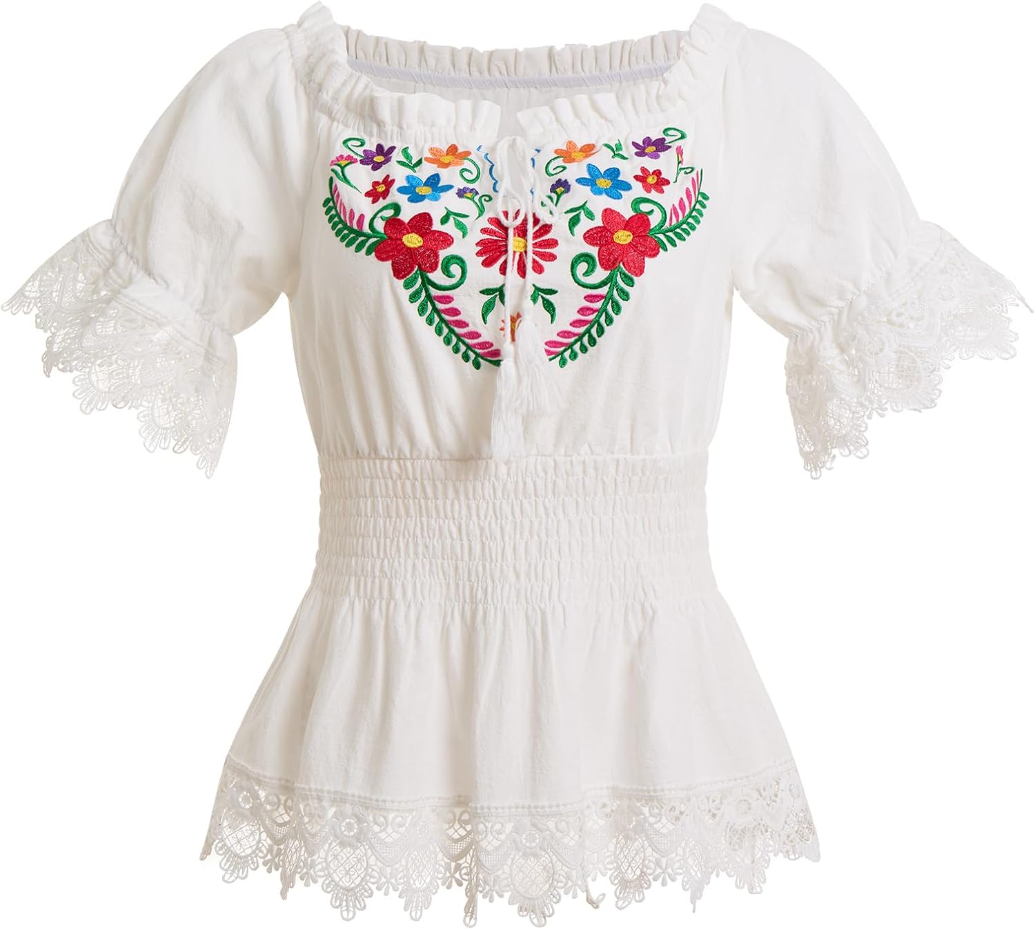 Women's Mexican Floral Embroidered Blouse - Off the Shoulder Bell Sleeve Latin Style Top for Cinco de Mayo Shirts