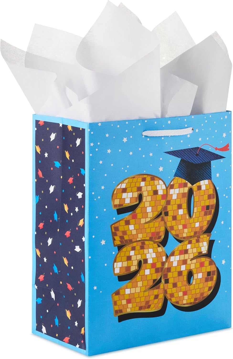 Hallmark 9" Medium Graduation Gift Bag with Tissue Paper (Gold and Silver Mortarboards on Black) for College, High School, 8th Grade, Kindergarten, Nurses