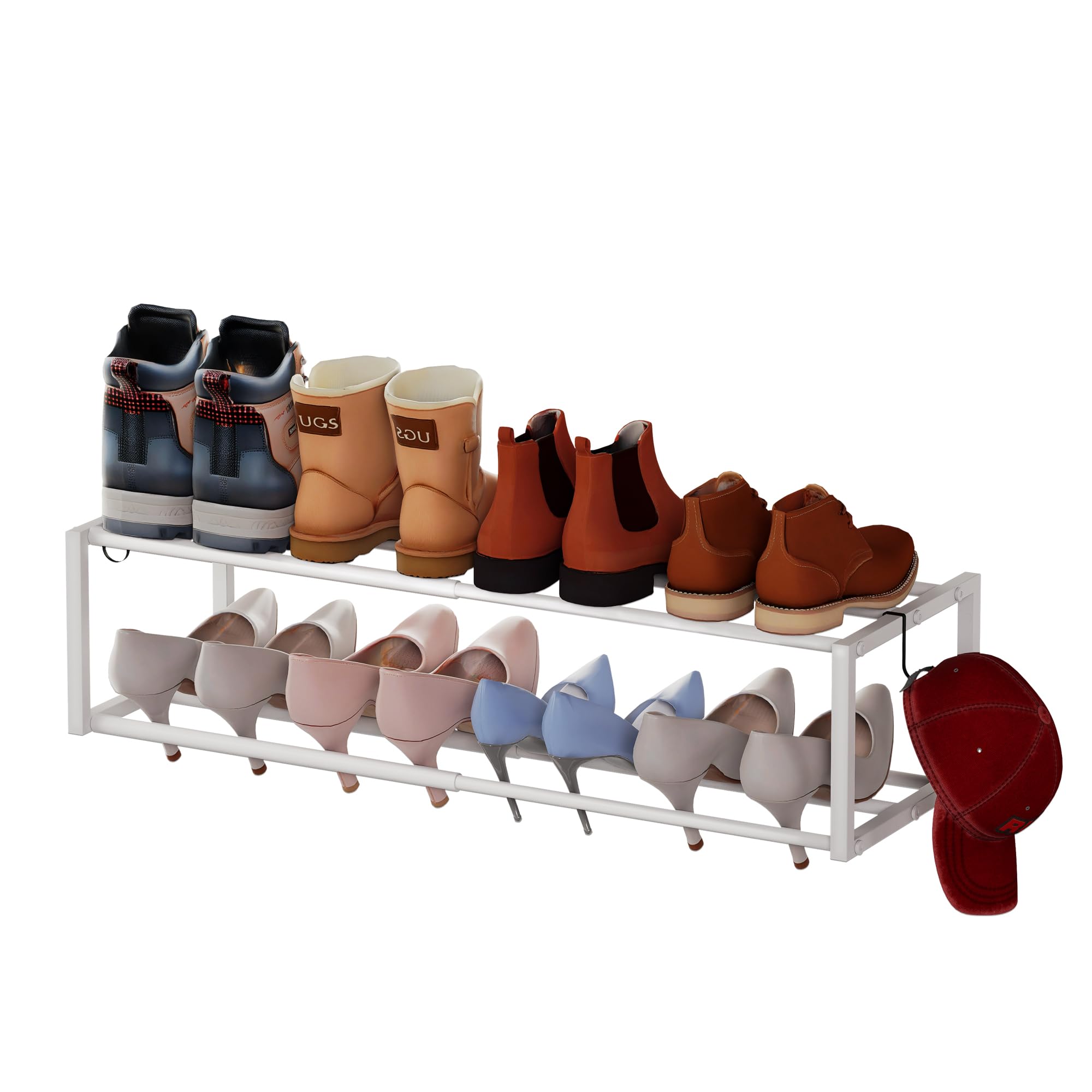Jchccu Expandable Wall Mounted Shoe Rack, 17"-31" Adjustable Hanging Shoe Rack Holds 8 Pairs, Heavy Duty Metal Shoe Holder with 2 Storage Hooks, Space