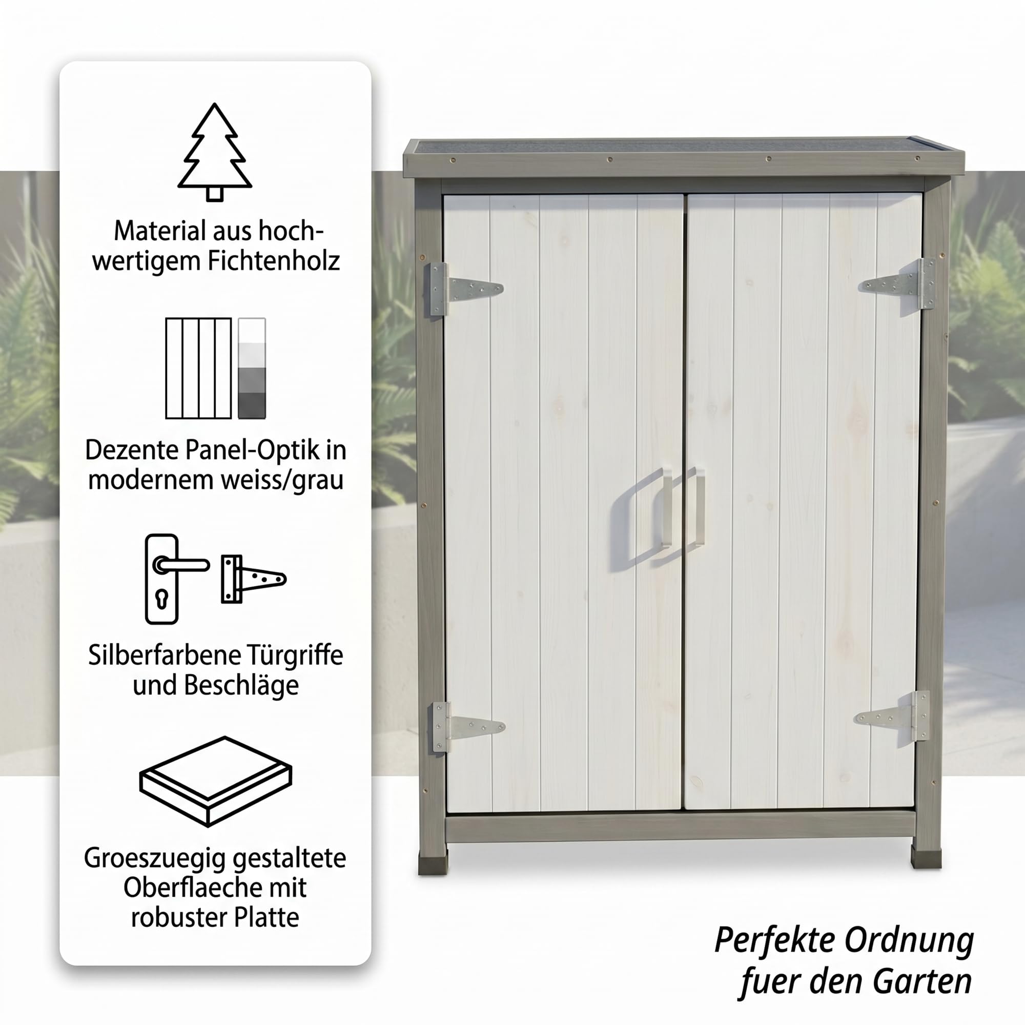 Mucola Geräteschrank Garten 75x40x90 cm Holz Weiß – wetterfester Gartenschrank mit Einlegeboden & silberfarbenen Beschlägen – Aufbewahrungsschrank Outdoor für Terrasse Balkon Gartenschuppen