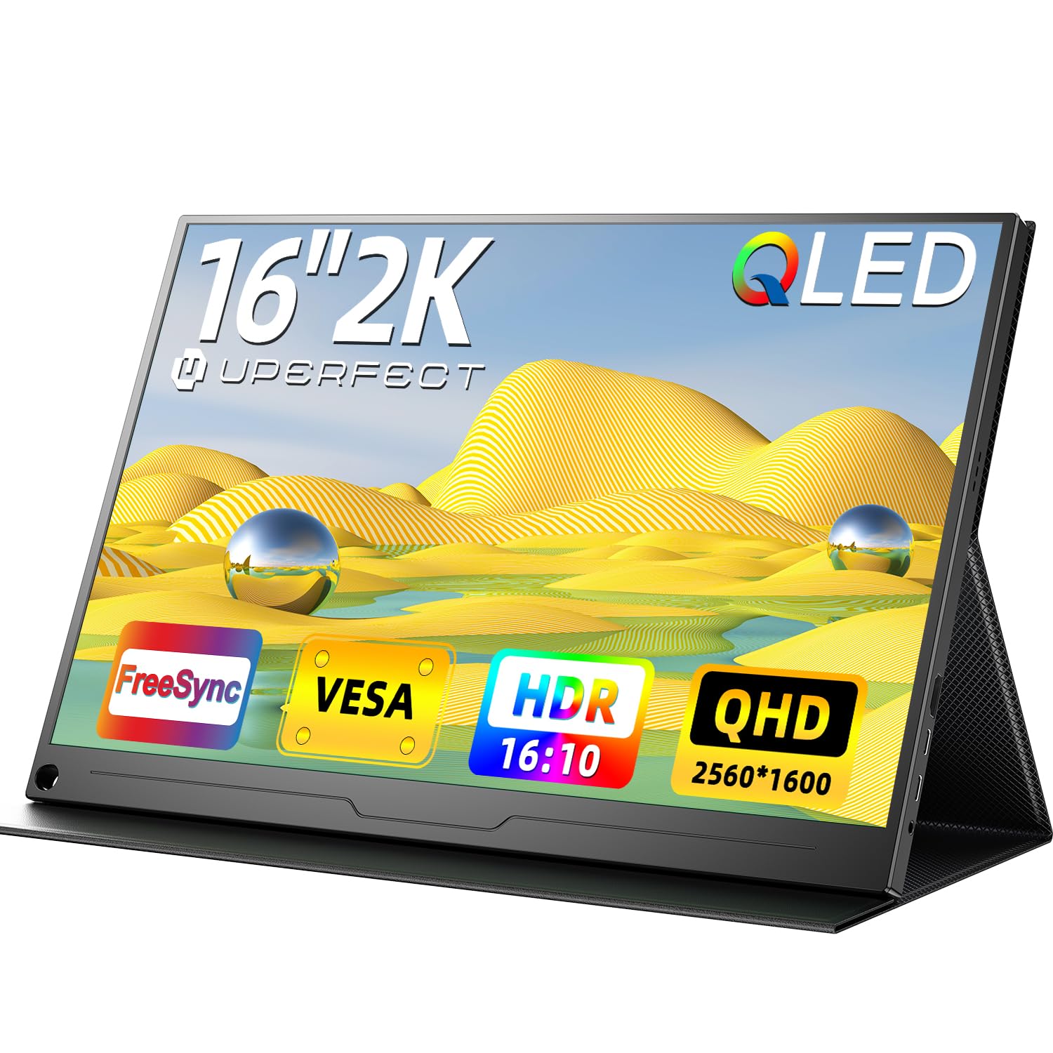 UPERFECT QLED Portable Monitor 2.5K 16 Zoll, 2560x1600 2000:1 500 Nits | 16:9/16:10 QHD Matt Display, Zweiter Bildschirm mit HDMI USB C für PC Laptop Handy Xbo Switch PS-4/5, VESA-kompatibel