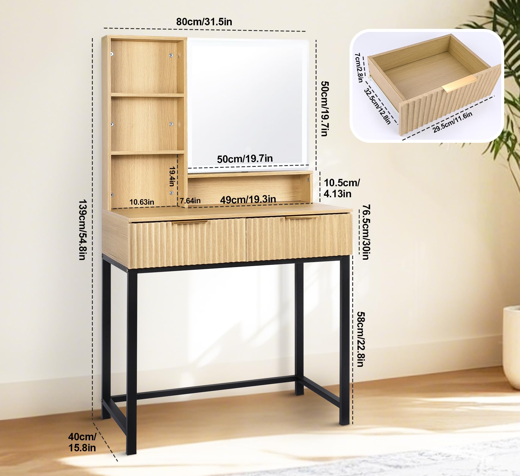 Makeup Vanity Desk with Mirror Oak, Modern Minimalist Dressing Table 3-Color Adjustable Light Mirror, 2 Drawers with Gold Handles Elegant and Practical Storage Solution for Bedrooms and Dressing Rooms