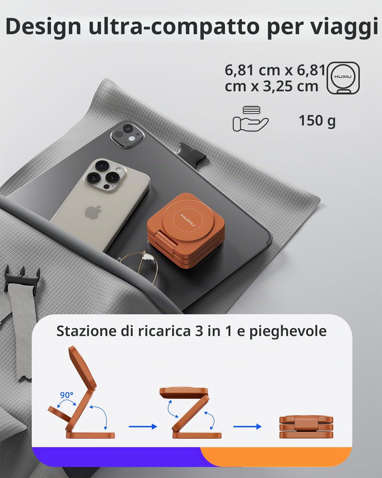 KU XIU X55 Turbo Qi2.2 25W Caricatore Wireless per Magsafe, Pieghevole Stazione di Ricarica 3 in 1, Magnetico Wireless Charger Base per iPhone 17-12 & Watch & AirPods, Adattatore incluso, Arancio