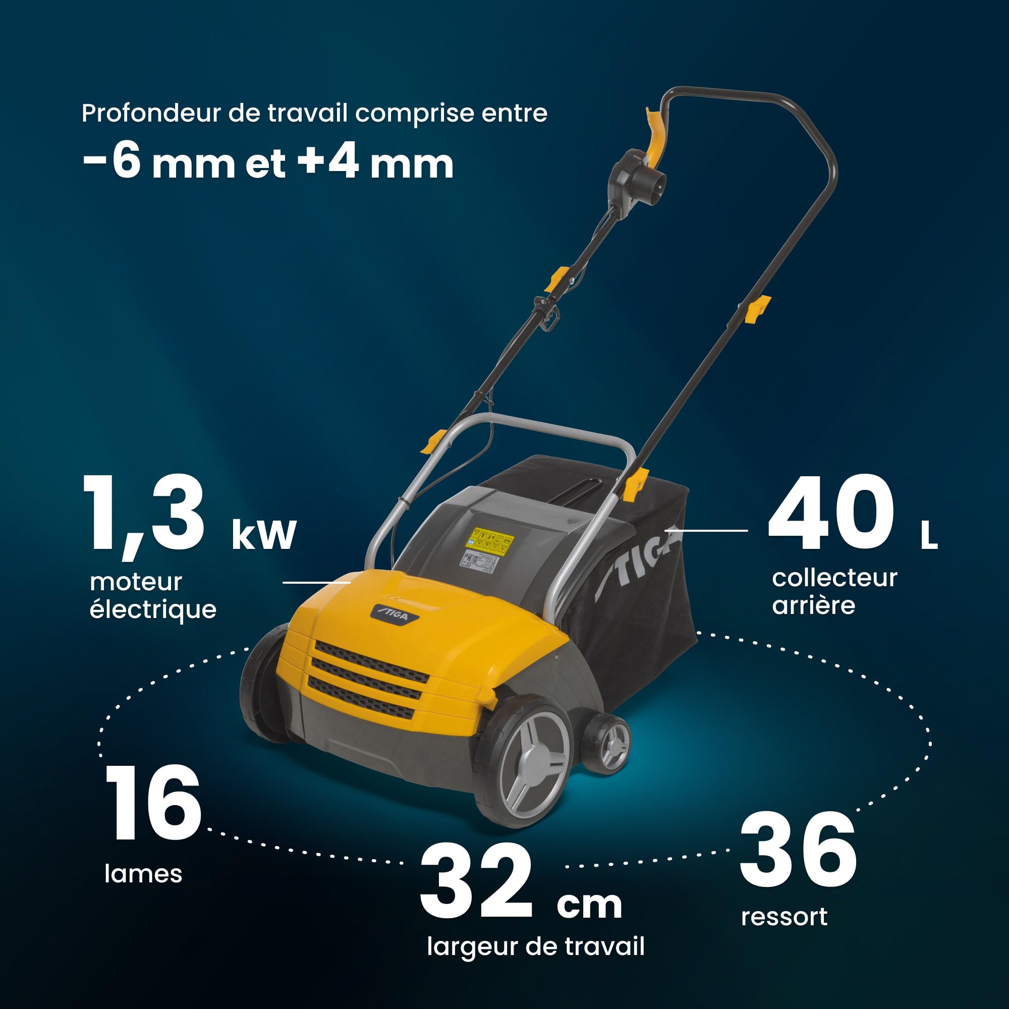 STIGA SV 213 E Scarificateur Électrique, 1300 W, 32 cm – 16 Lames/36 Ressorts Interchangeables, Bac 40 L – Pelouses