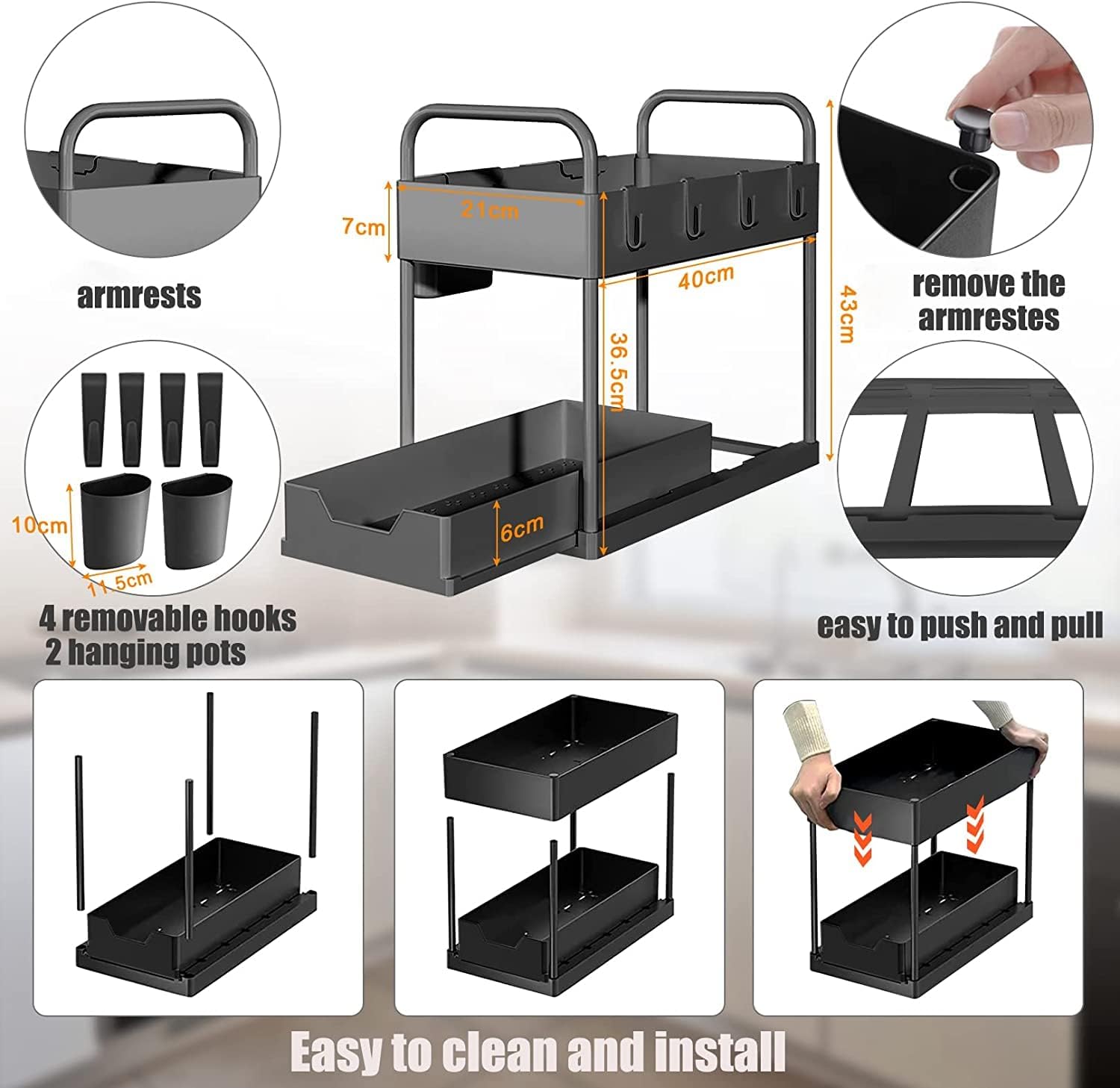 2 Pack Under Sink Organizers and Storage, 2 Tier Sliding Under Bathroom Cabinet Storage Drawer Organizer with Hooks, Hanging Cup, Divider, Multi-Use Under Sink Organizer for Bathroom Kitchen