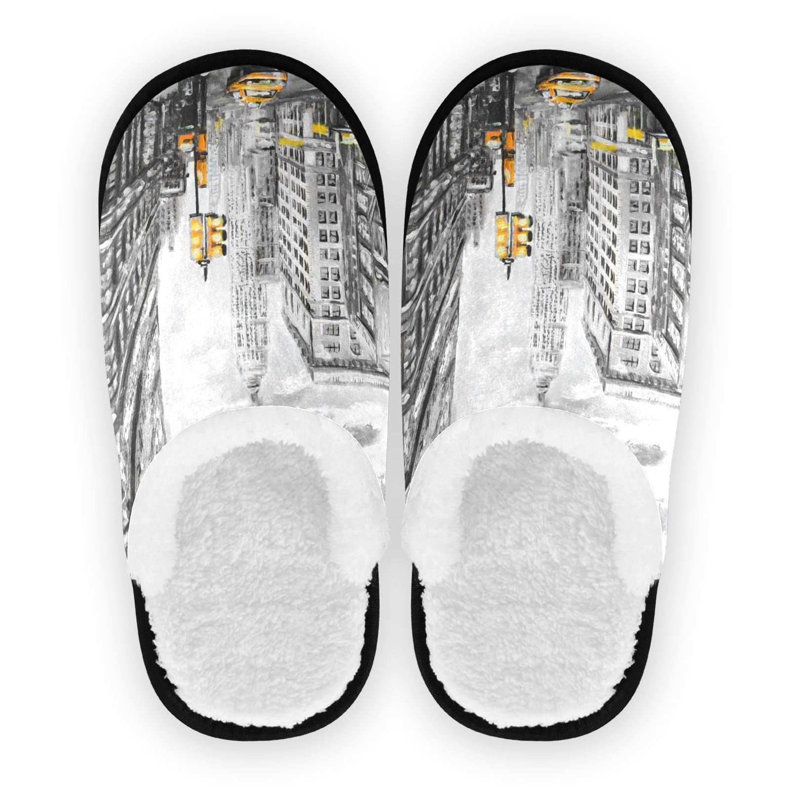Ajusmeau Oil Paint New York Street Taxi Cozy Slippers for Women Men Indoor Washable Fuzzy House Shoes with Anti-Skid Sole