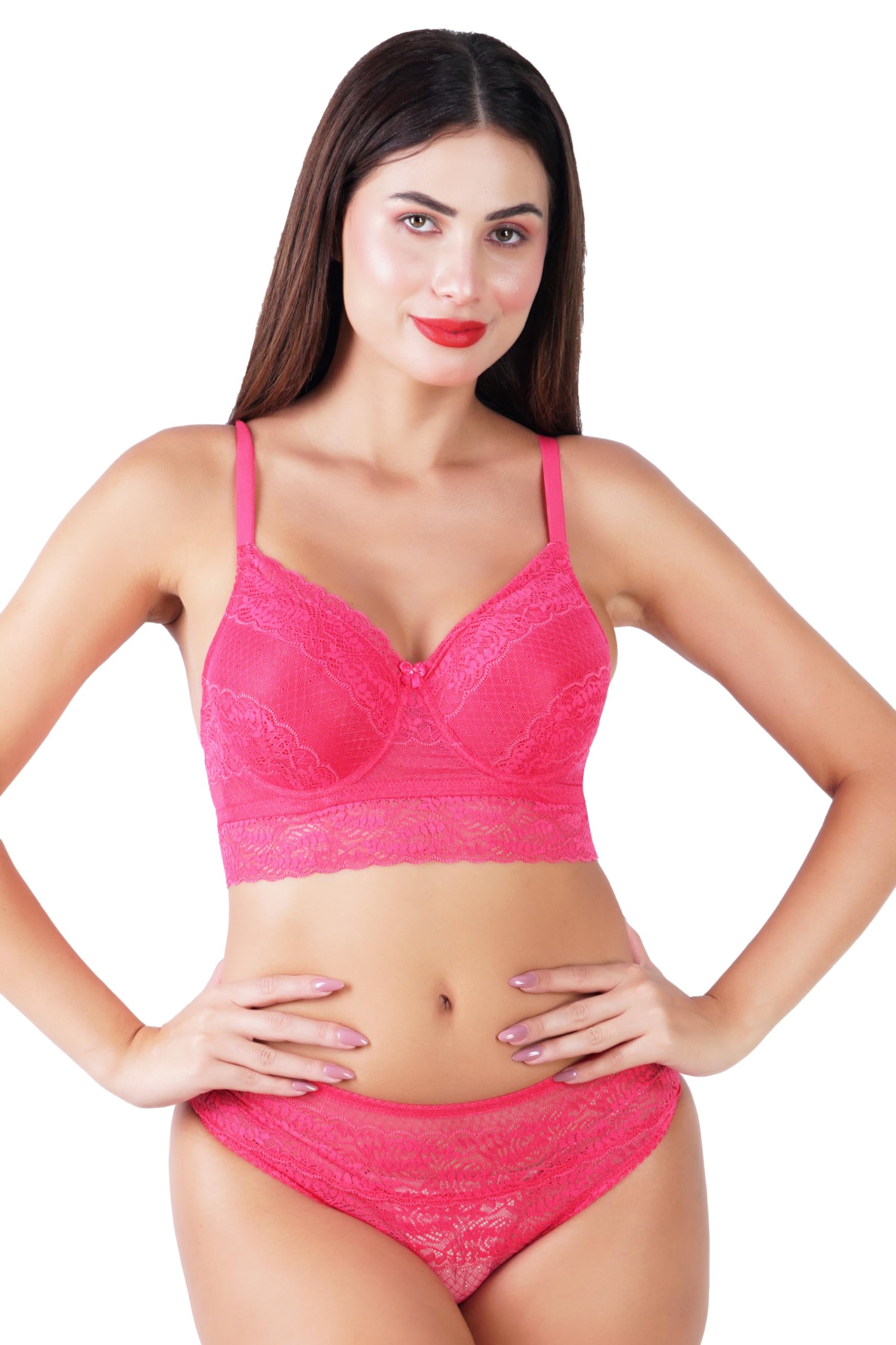 HBWomen's Premium Lace - Padded - Wired - Full Coverage - Bralette - Unique Bra & Panty Set- HOT Pink