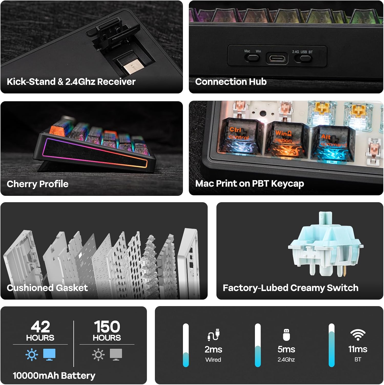 EPOMAKER TH80 V2 PRO Wireless Gaming Keyboard with Screen&Knob, 10000mAh, 2.4Ghz/BT/USB-C, RGB, Hot Swap, Custom Driver, NKRO, PBT Keycap, Mechanical Keyboard for PC/Mac (Black, Creamy Jade)