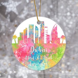 Watercolor United Arab Emirates Dubai City Skyline Keepsake United Arab Emirates Dubai Cityscape Ceramic Hanging Pendant Round Porcelain Travel Souvenirs Xmas Tree Wedding Holiday Party