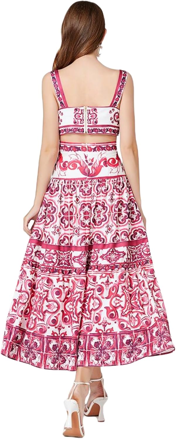Women's Celadon Print Camisole with Vest Two Piece Set Dress Bohemian Long Dresses - Image 5