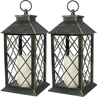 Bright Zeal 2-Pack 13.5" Vintage Candle Lantern with LED Candle (Distressed Gold, 6hr Timer) - IP44 Waterproof Outdoor Hanging Lanterns Battery Powered - Tabletop Lantern Decorative Home Lanterns