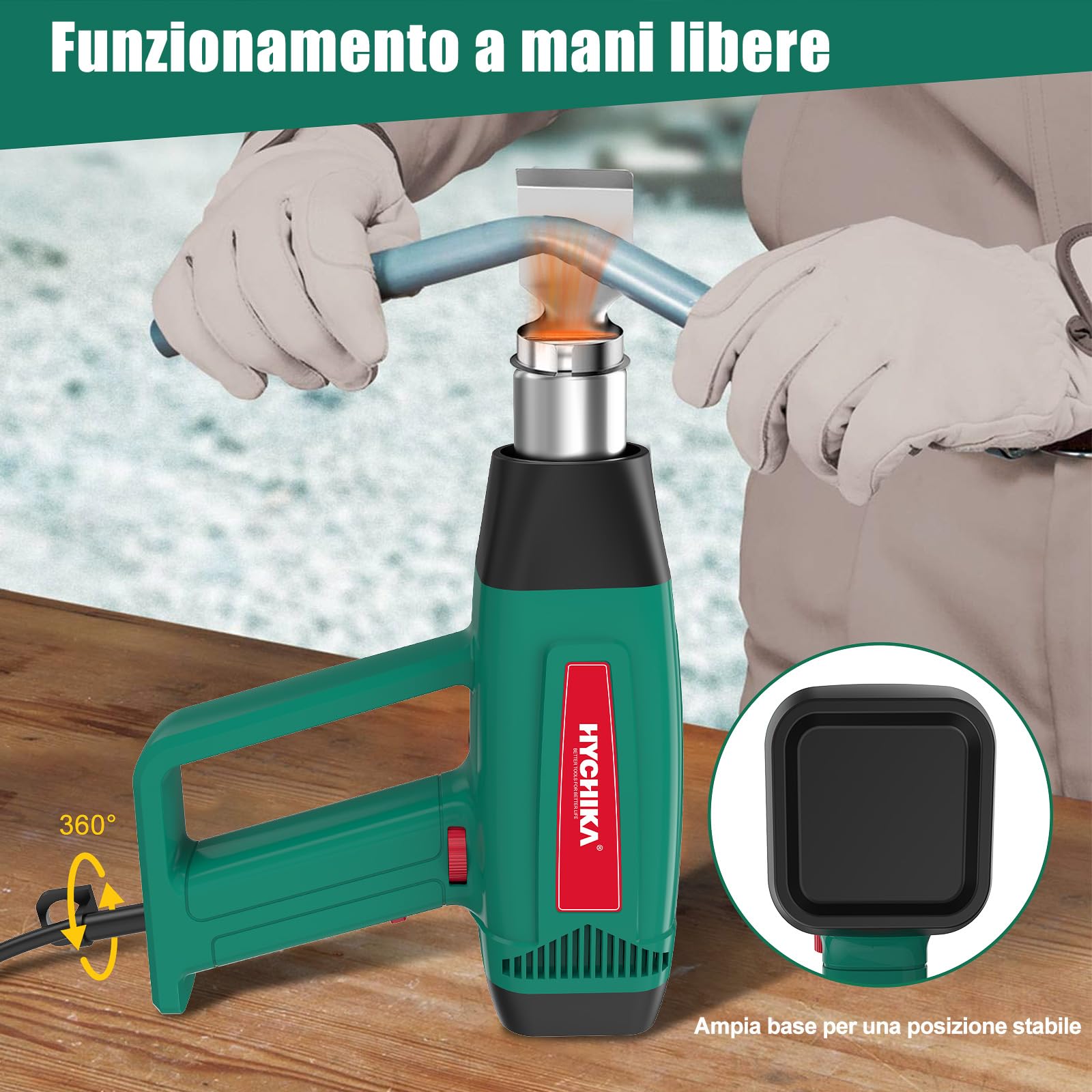 HYCHIKA Pistola Termica Professionale, 60℃- 600℃ Temperatura Variabile Continua, Motore in Rame Puro da 1800W, Protezione da Sovraccarico, 6 Ugelli per Sverniciare, Termoretraibile
