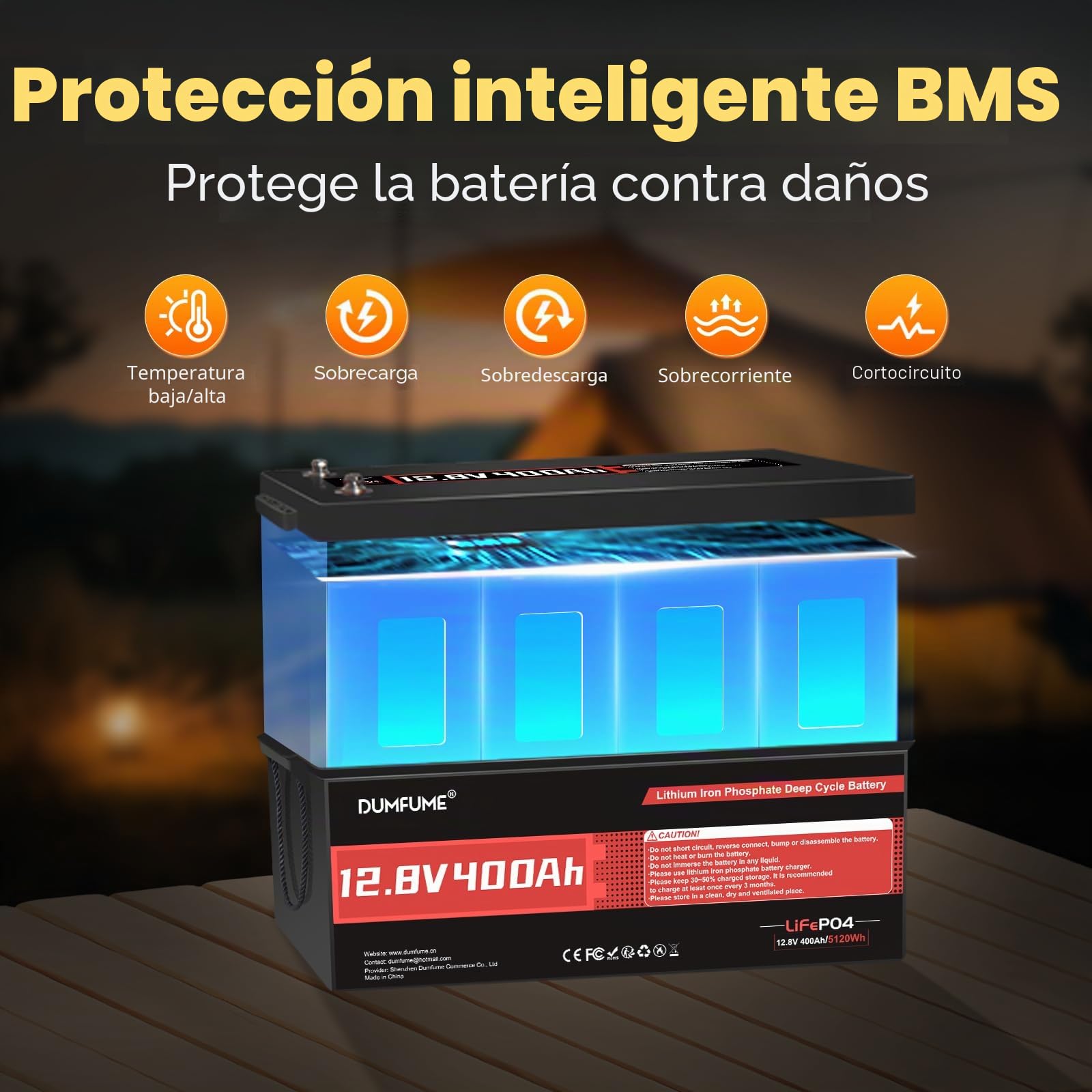 Bateria LiFePO4 12V 400Ah, 5120Wh, BMS 200A, 15000 Ciclos - Bateria Camper Estacionaria para Autocaravana, Solar Aislado, Vehículo Eléctrico y Uso Profesional