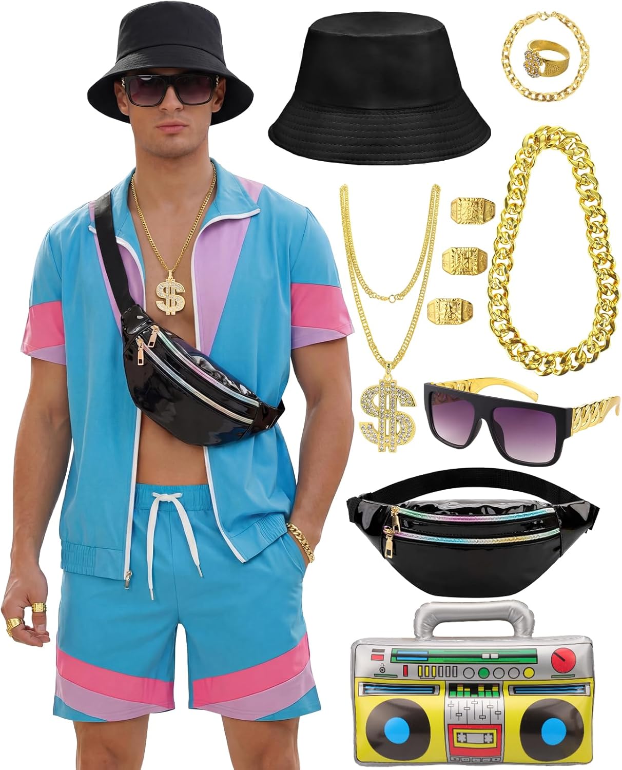 VillbeCoser 80s 90s Outfit for Men, Neon Tracksuit Color Block Windbreaker Set Short Sleeve Jacket Shorts Hip Hop Party