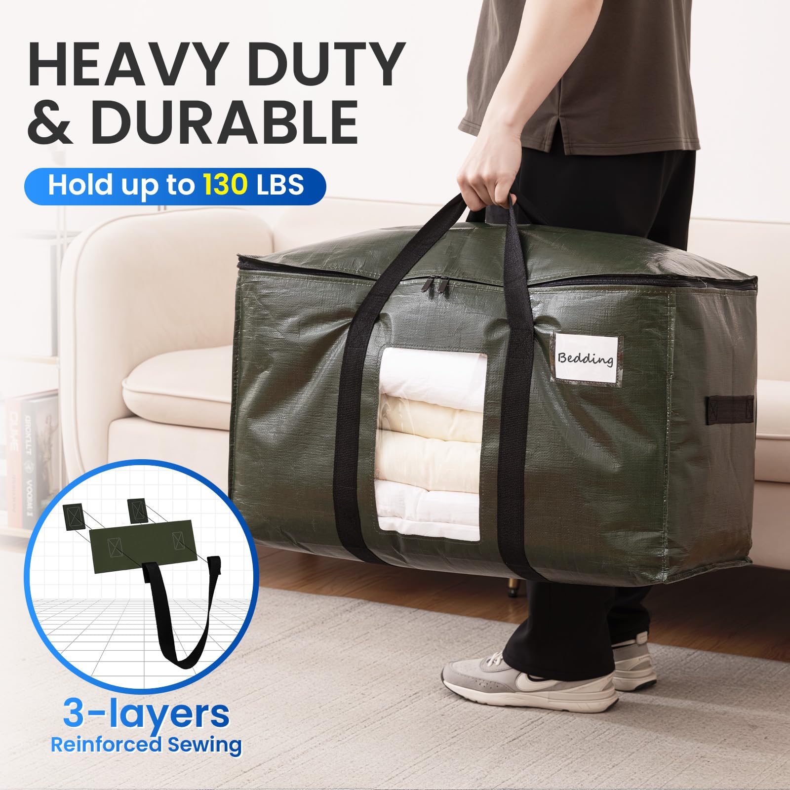 TAILI Moving Bags Extra Large,Heavy Duty Storage Bags with Zips for Clothes,Beddings,Duvets,Travel,Camping,moving,Loft Storage,Clear Window & Reinforced Handles(4 Pack green) - Image 4