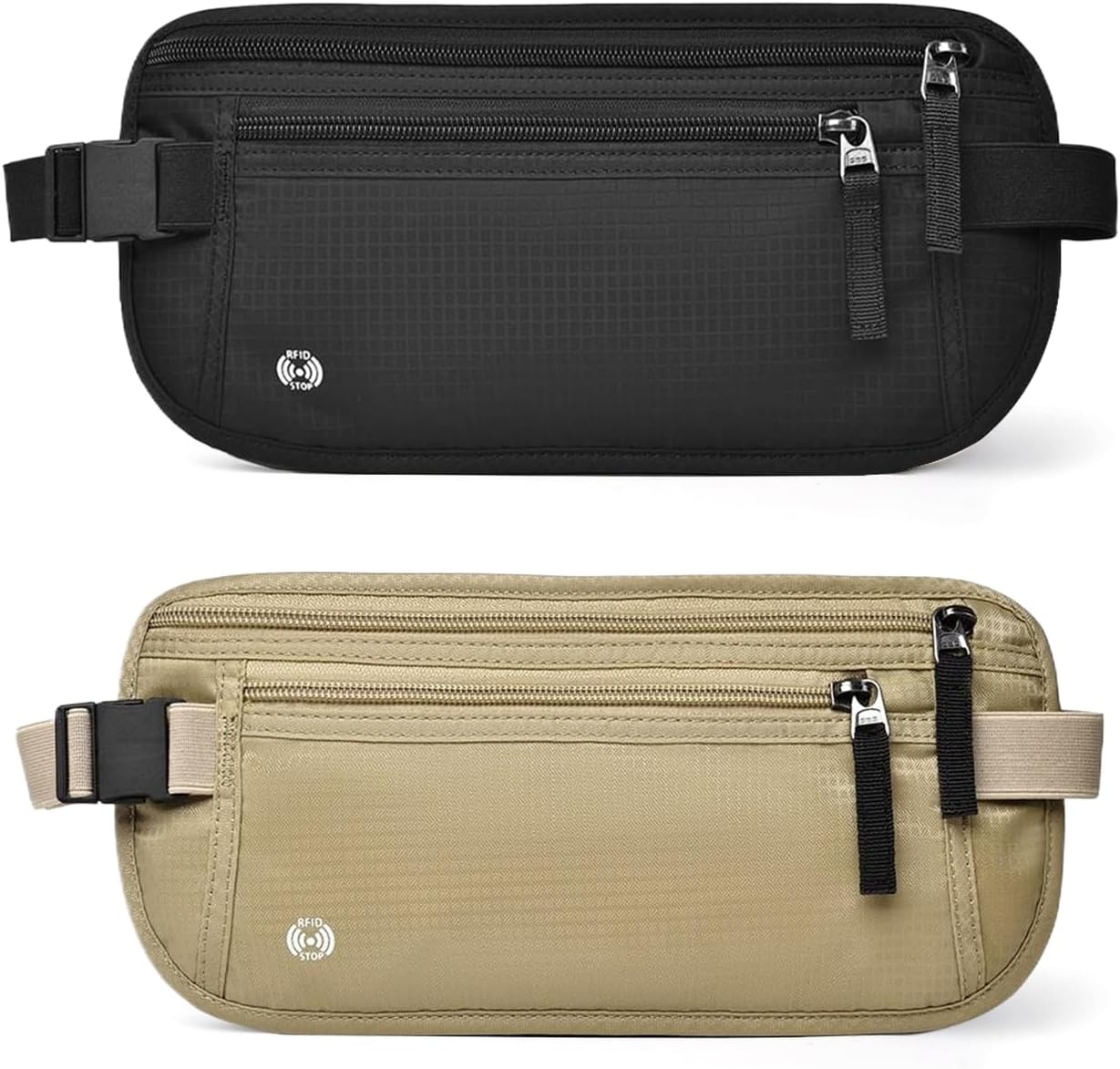 2 Pcs Money Belts for Travel Hidden Men, RFID Blocking Hidden Money Belt for Running Cycling Women (Black, Khaki)