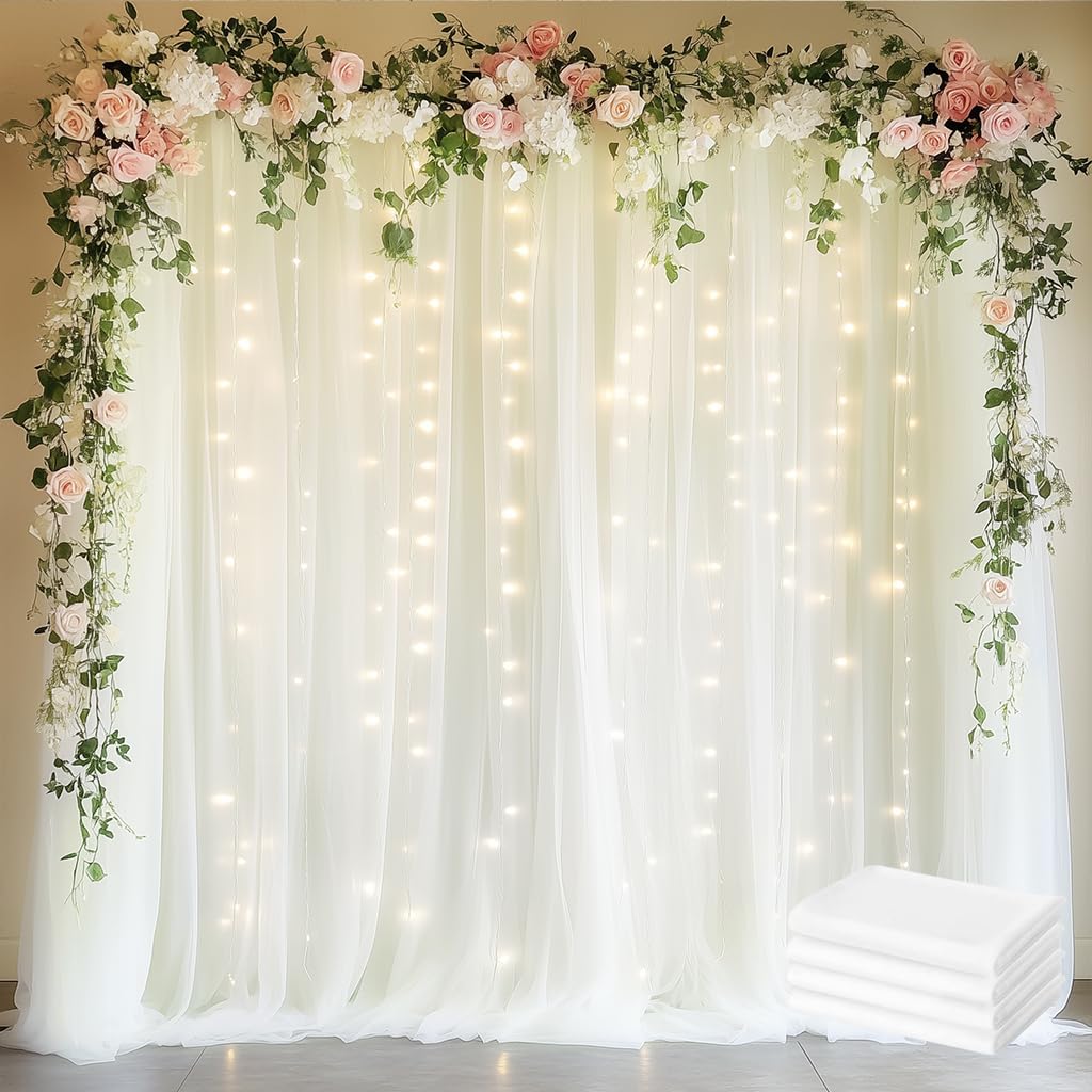 Lot de 4 rideaux en tulle avec guirlandes lumineuses de 6x2,4m pour décorations