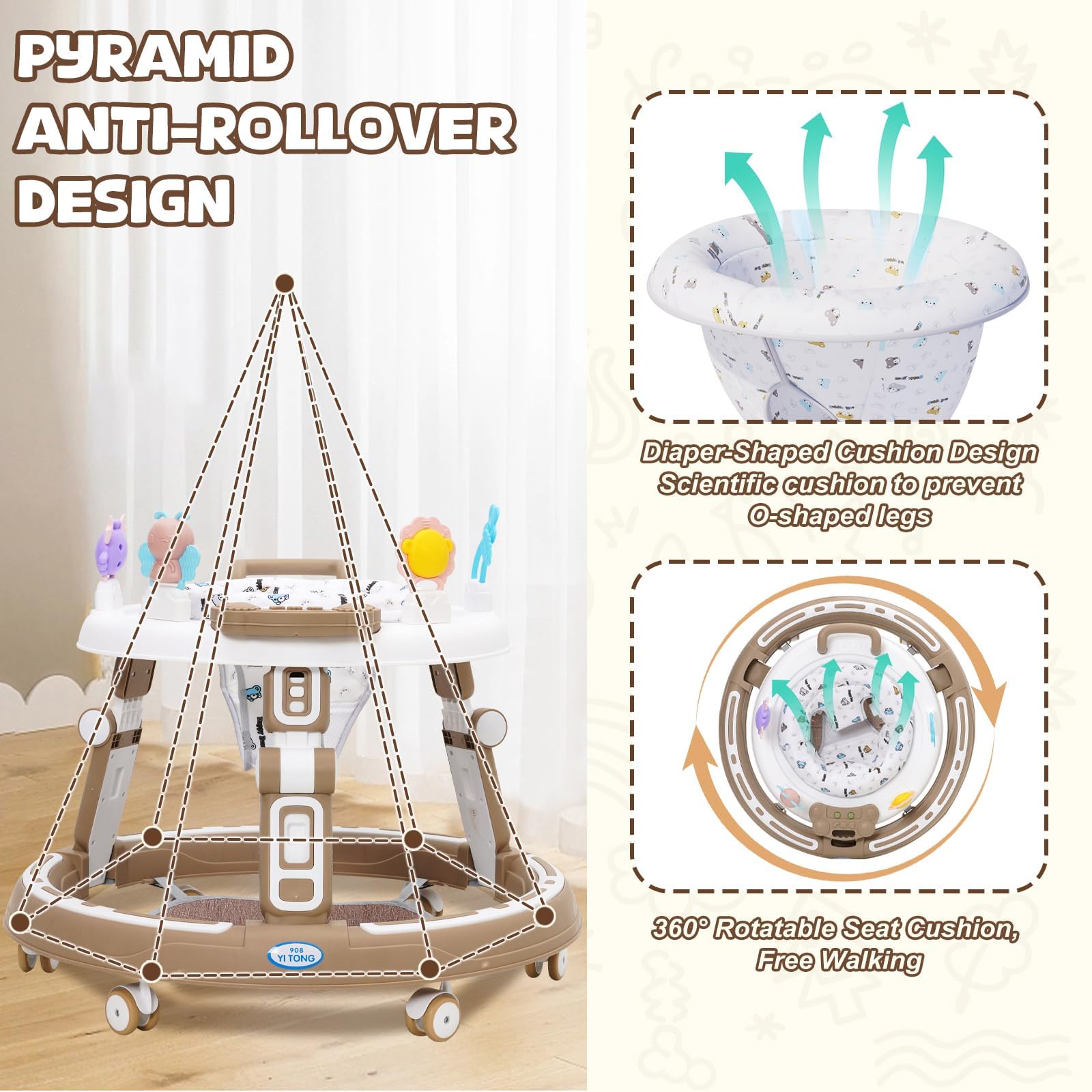 Baby Lauflernhilfe 5in1 mit Musikspielzeug, Fußstütze, 360-Grad-Stummschaltung, 6 Räder, 360° Rotating Seat Baby Lauflernhilfen, zur Faltbar, für Babys ab 6 Monaten Geeignet,Braun