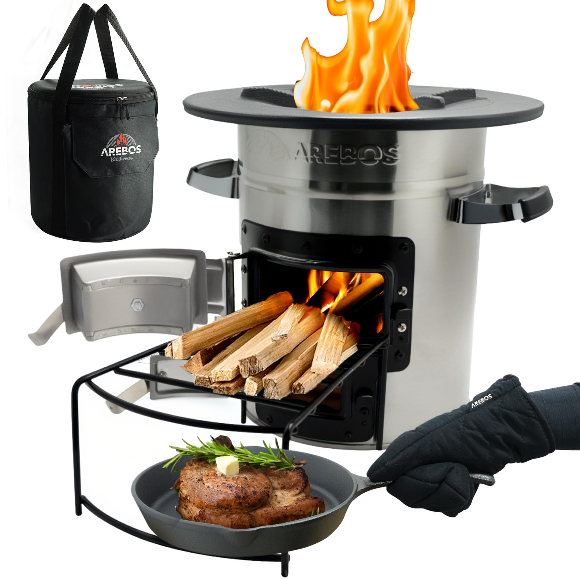Arebos Horno Cohete con Parrilla de Hierro Fundido | Dutch Oven BBQ Portátil con Bolsa de Transporte y Guantes | Cocina de Camping y Aire Libre | Rocket Stove Plateado