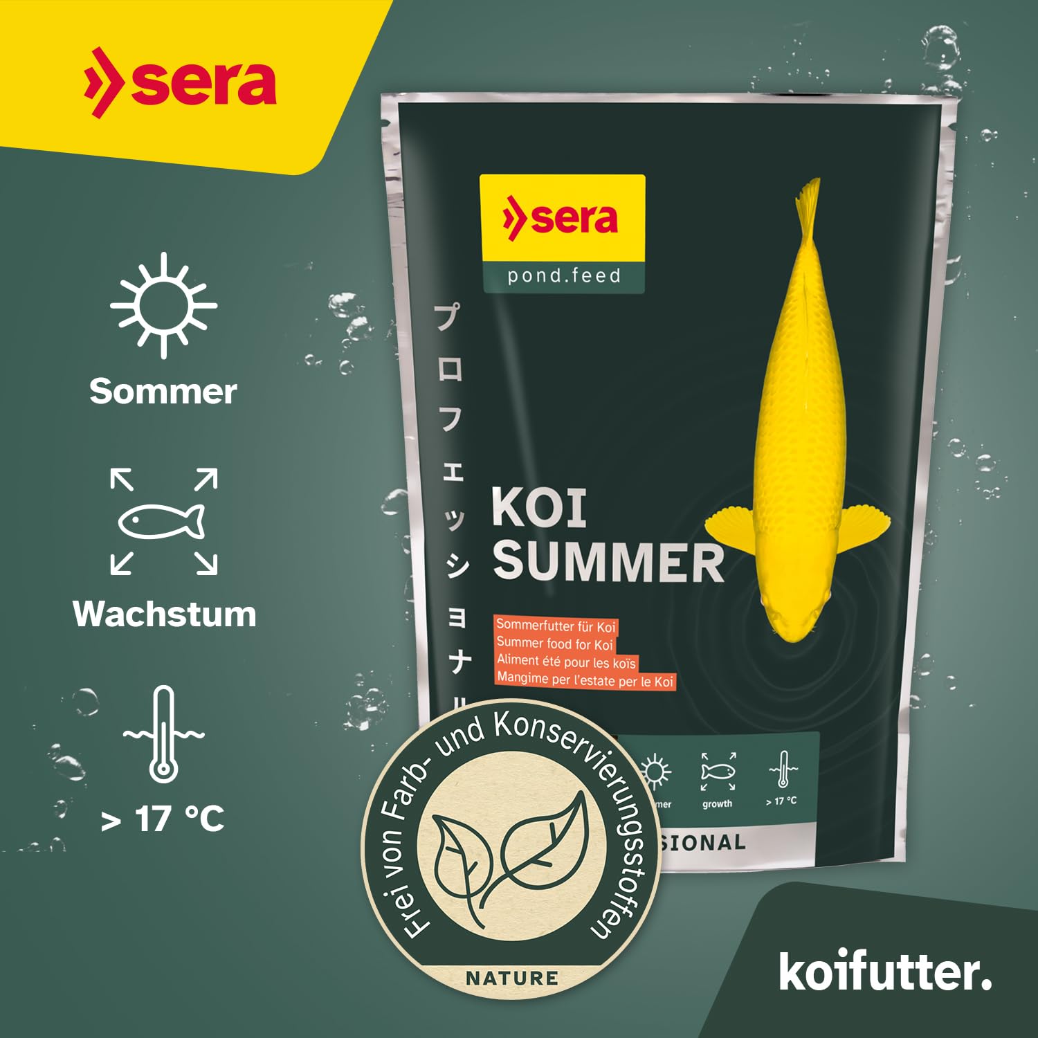 sera Koi Professional Summer 2200g | Energiereiches Fischfutter für aktive Fische im Sommer | Koi Futter für Temperaturen über 17 °C | Koifutter mit Ring-Kern-Pellets | Fischfutter Teich